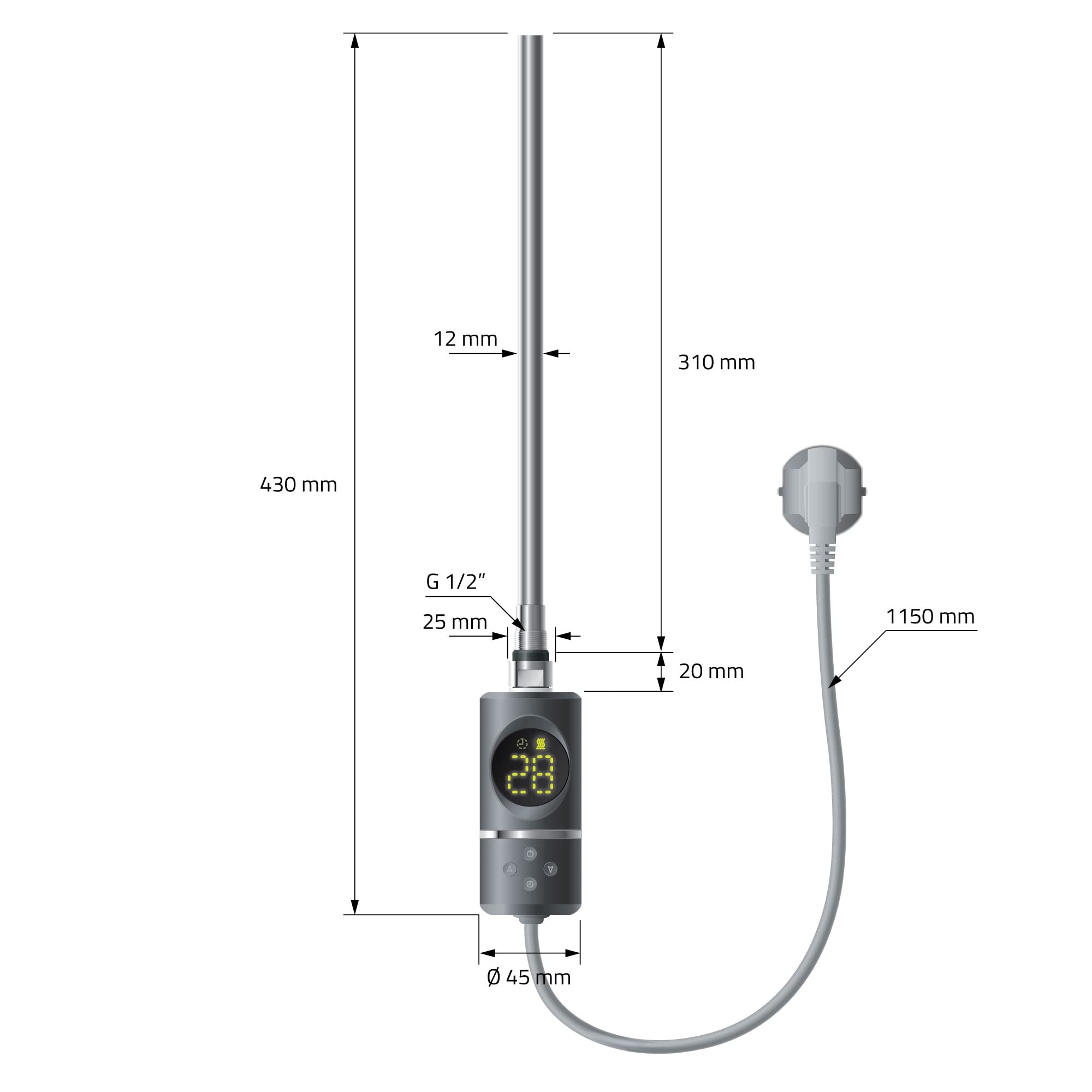 LuxeBath Radiador Toallero IRON EM Eléctrico 500 x 1000 mm, Antracita, Diseño Vertical con Conexión Lateral con Barra de Calentamiento 300W con Termostato de Pantalla Digital, Estufa de Pared de Acero