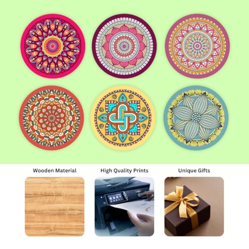 Image of Zesta Coasters for Cups Set of 6 / Wooden Coasters for Bar Accessories for Home /Tea Coaster Set of 6 / Waterproof Dining Table Decor Glass Cover (Mandala B, Circle)