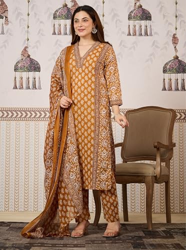 Image of Arayna Women's Cotton Printed Kurta Set with Pants & Dupatta | Elegant Ethnic Wear for Women | Floral Print | Comfortable Suit Set