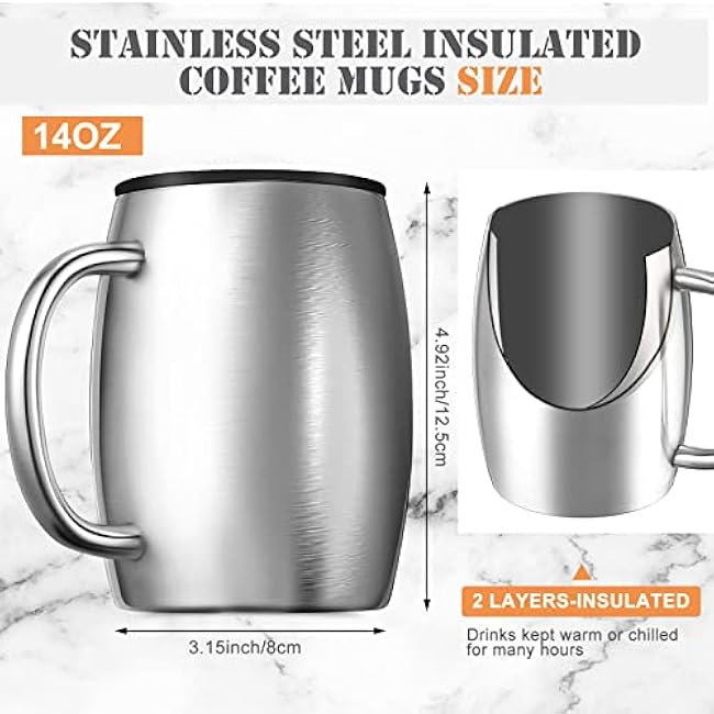 Xinnun 14 oz Insulated Stainless Steel Coffee Mug Spillproof with Lid Double Wall Travel Coffee Mug with Handle Shatterproof Metal Cups for Camping Outdoor Hot Tea Beer Cold Drink(Silver,6 Pack)