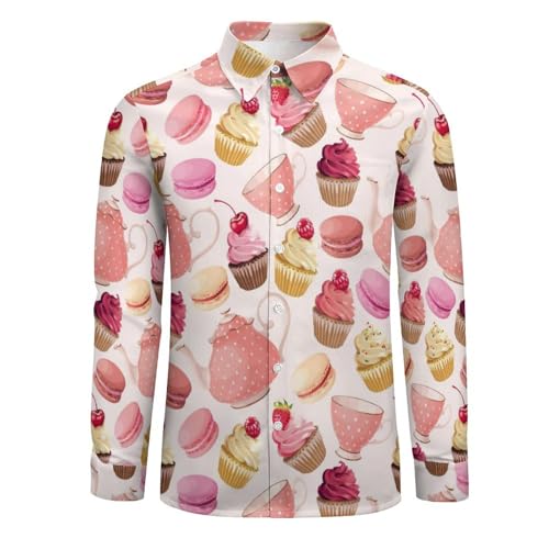 Long Sleeve Button Down Shirts for Men - Macaroon Cupcake Print Pink V-Neck Casual Button Up Shirt Men with Pocket3
