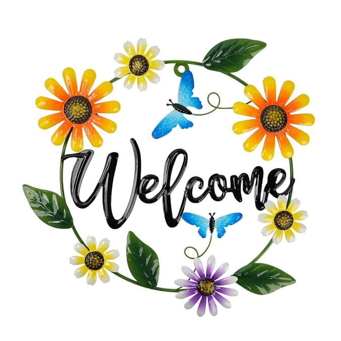 Metal Welcome Wall Art Sign for Garden Fence Patio Door, Sunflower Floral Wreath Hanging Decoration with Butterflies, Weather Resistant Outdoor Indoor Wall Plaque, Welcome Door Sign 33cm