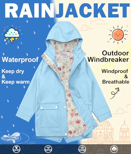 Image of maoo garden Girls Rain Jackets Kids Waterproof Raincoat Lightweight Floral Lining Spring Windbreaker