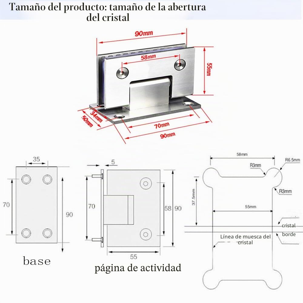 Dos clips de cristal de apertura de 90°, 8-12 mm, acero inoxidable, montaje en pared, sin marco, montaje en cristal, bisagra para puerta de ducha T-Clip
