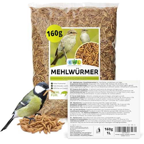 Mehlwürmer getrocknet 1 ltr. 160g Insektensnack für Vögel, Fische, Schildkröten, Igel, Nager und Reptilien, Vogelfutter Wildvögel Ganzjährig Eichhörnchen Futter, Igelfutter