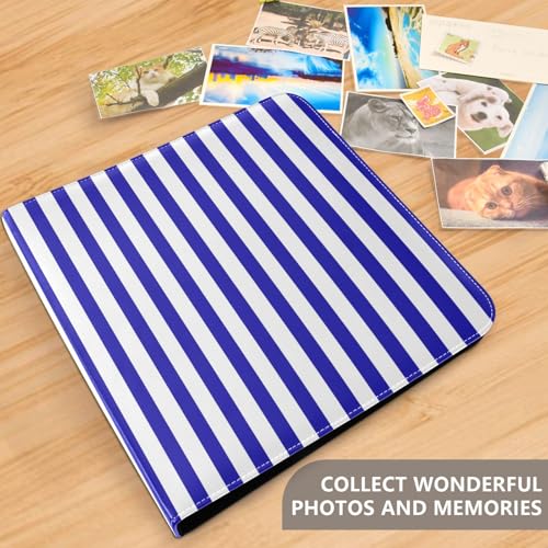 Álbum de fotos de scrapbooking DIY adhesivo, piel PU, azul marino con rayas blancas, anillado de 3 aros, 40 páginas, tamaño 8x10 para recuerdos miniatura 5