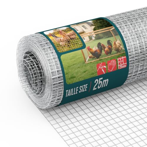 VOUNOT® Grillage Soudé Galvanisé Rouleau 0.5x25m Maille 25 mm Fil 1 mm Treillis et Clôture Métallique pour Jardin Petits Animaux et Poulailler