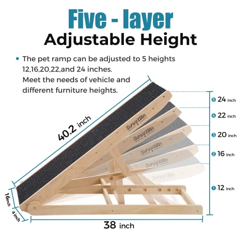 Sweetbin Wooden Adjustable Pet Ramp For All Dogs And Cats - Non Slip Carpet Surface And Foot Pads - 41" Long And Adjustable From 12” To 24” - Up To 200Lbs - Folding Dog Car Ramps For Suv, Bed, Couch #TOP3