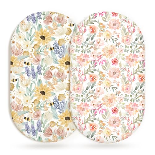 Image of Bassinet Sheets for Baby Girls Boys 2 Pack, Fitted Baby Mattress Sheet for Rectangle, Oval, Hourglass Bassinet Mattress, Breathable Cozy & Universal Fit (Golden Meadow, Bassinet Sheet)