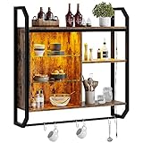 Bestier 4 Tier Floating Pipe Shelving 84 CM LED Wall Mounted Shelf with Adjustable Glass Shelf Pipe Shelves Hanging Display Rack Bookshelf with 6 S Hooks for Living Room Kitchen Decor Wine Coffee Bar