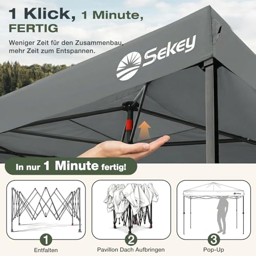 Sekey Pop Up Pavillon 3x3 Wasserdicht Stabil, Faltpavillon 3m x 3m mit Seitenwänden, Partyzelt Faltbar für Camping Party, Stufenlos Höheverstellbar 250 bis 270cm, Premium Serie 3x3, Grau