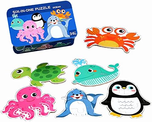 Ocean Animal Puzzle, POTWPOT 6 Pack Toddler Animal Wooden Puzzles Kids Puzzles Ages 3-5 Floor Wooden Jigsaw Puzzle Montessori Learning Toys Preschool Educational Activity for Kids (Sea Animal)