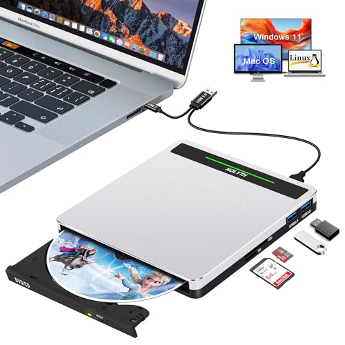 NOLYTH External CD Drive for Laptop: Portable USB3.0 DVD ROM Burner - Optical USB C CD/DVD Player with SD/TF/2 USB Ports Compatible with Apple Mac Linux Windows 11/10/8/7 PC