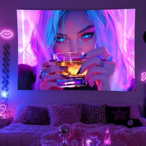 Image of BlissYard Anime Girl Blacklight Tapestry Neon Drinking Girl Fluorescent Tapestry Blacklight Sexy Lady Glow In The Dark Art Wall Hanging Poster Room Bedroom Party Backdrop Decor 78x59 Inch