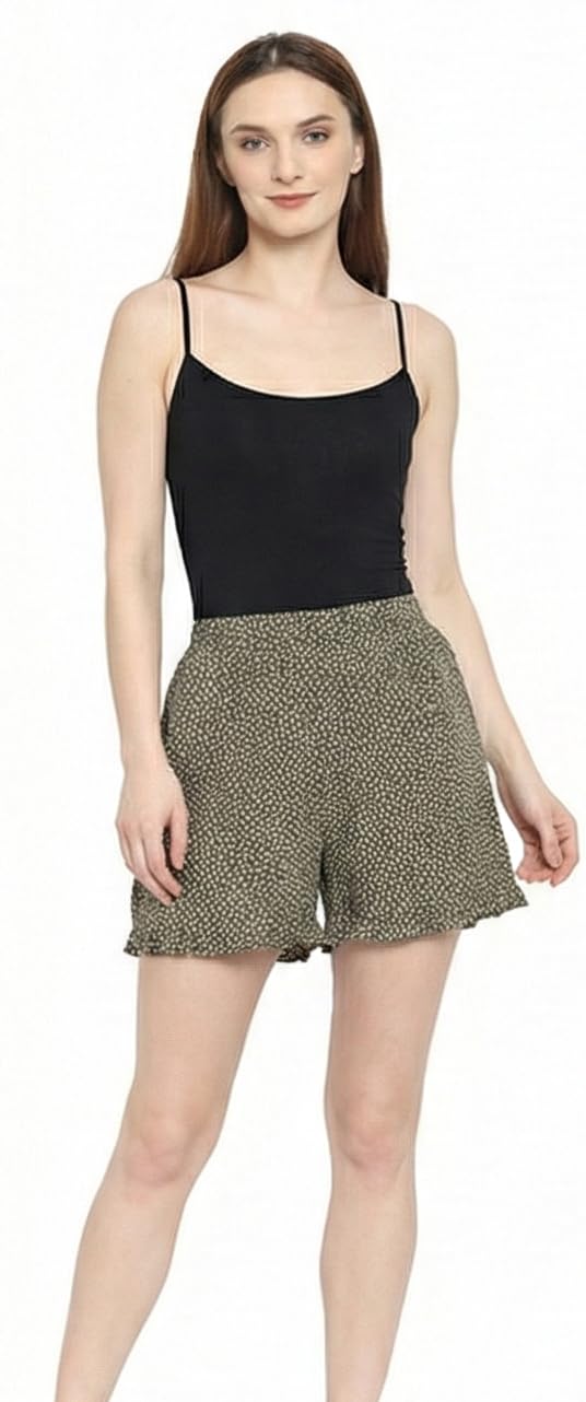 Women's Printed Shorts with Ruffle Hem, Olive Green Pattern-picture-54