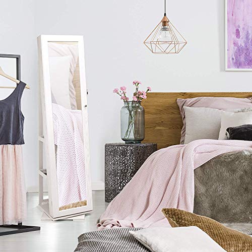 TWING Jewelry Organizer Jewelry Cabinet 360 Rotating , Lockable Standing Wall Jewelry Armoire with Full Length Mirror Large Jewelry Armoire Cabinet(White with wood grain)