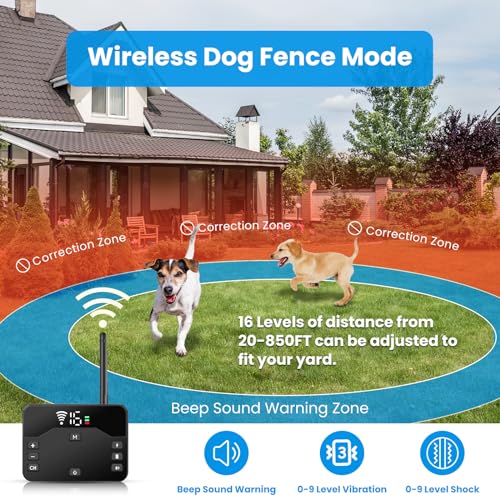 Moclever Wireless Electric Fence for Dogs, 2-in-1 Electric Dog Fence & Remote Training Collar, Pet Containment System Adjustable Vibration & Shock, IPX6 Waterproof Shock Collar for Small Medium Large
