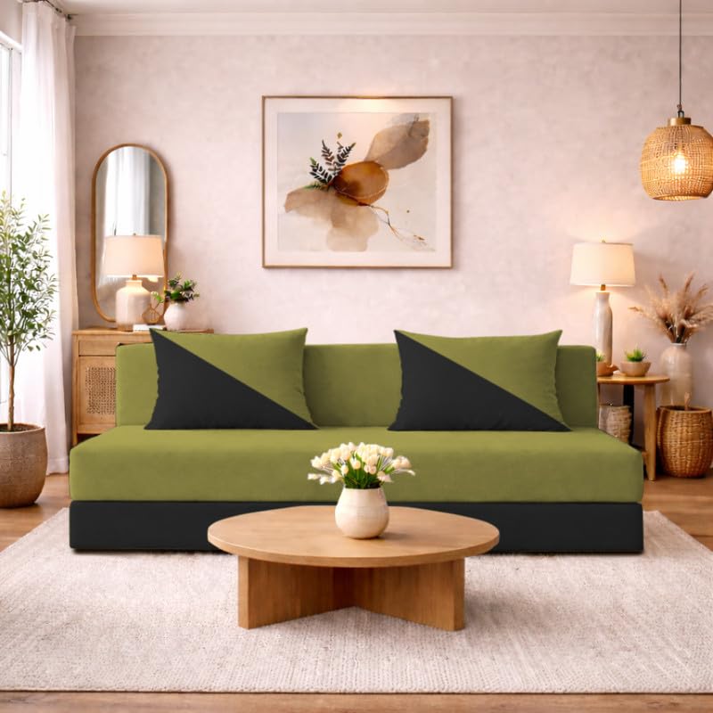 Image of Adorn India Easy Desmond 4 Seater Sofa Cum Bed 6 x 6 Velvet (Light Green & Black) (1 Year Warranty)