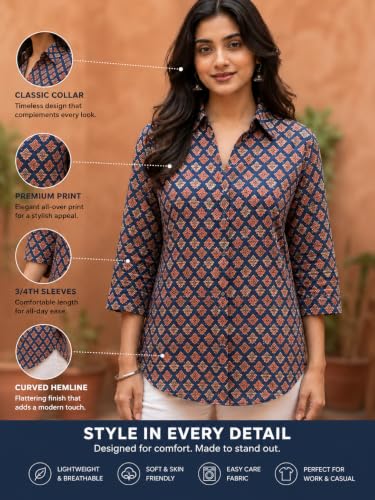 Image of Pure Cotton Long Hemline Shirt for Women Beautiful Printed Collared Neck Casual Western Shirt Top Formal Office Wear