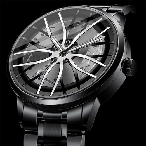 Image of GOLDENIZE FASHION Branded Men's Sport Quartz Watch Car Wheel Dial Rotating Casual Fashion Stainless Steel Alloy Men Multicolour Luxury Watches Wheel Dial Men's Metal Watch Gift Creative Watch (White)