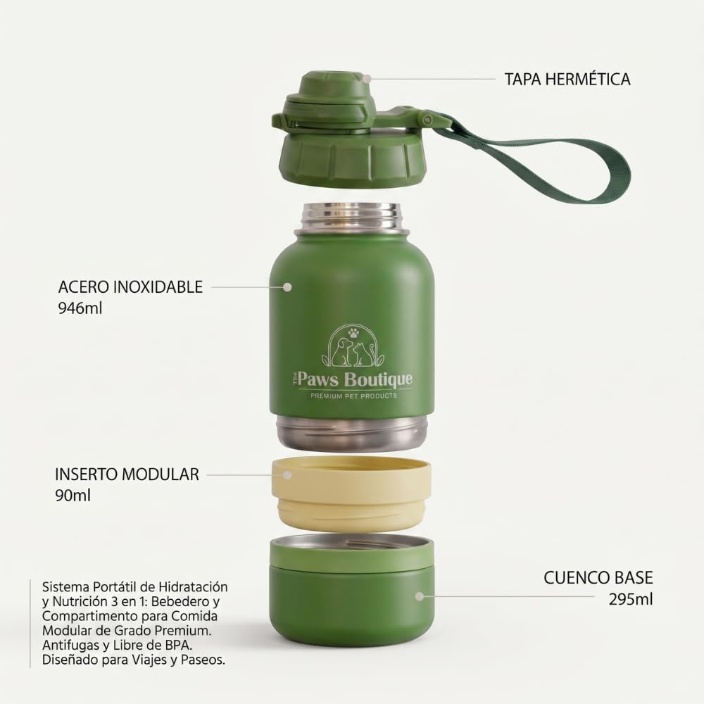 Borraccia per cani 3 in 1: abbeveratoio portatile in acciaio inox 950 ml, scomparto per cibo e ciotola extra rimovibile, a prova di perdite, senza BPA, ideale per viaggi e passeggiate
