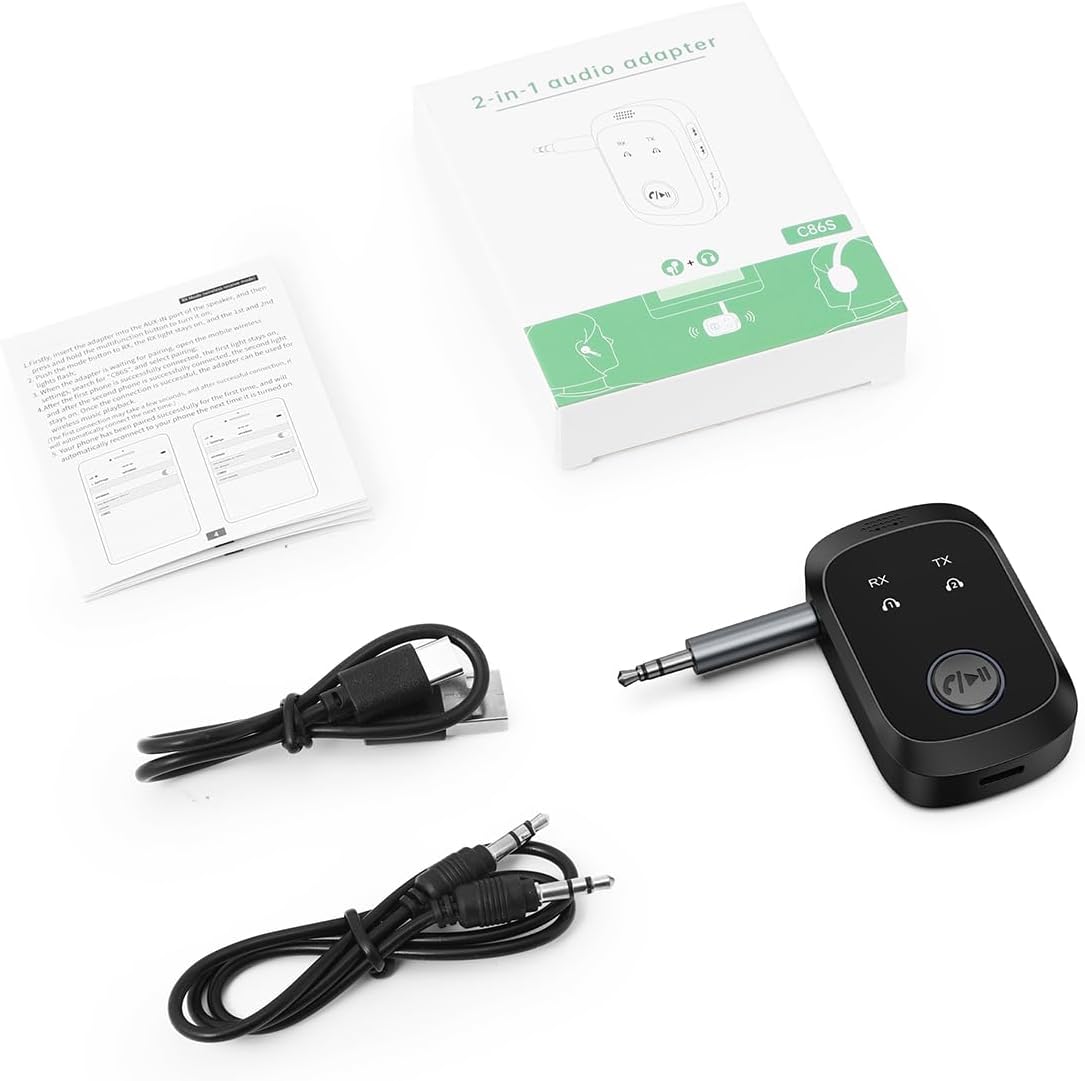 Aux Bluetooth 5.4 Adapter for Car, 2-in-1 Aux Bluetooth Transmitter and Receiver, Dual Link for 2 Headphones/AirPods, 12H Playtime, for PC, TV, Speaker, Airplane Travel