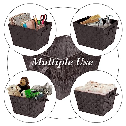 Image of Simplify Medium Woven Strap Tote | Decorative Storage Basket | 2 Handles | Organization | Closet | Bedroom | Bathroom | Nursery | Accessories | Toys | Gifts | 4 Pack | Chocolate