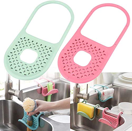 SAVEH Sink drain rack, Folding Hanging Sink, Sink Rag Scouring Pad Hanging Basket, Sponge Wiping Drain Rack Kitchen Bathroom, Hanging basket rack (2 Packs) (Verde + Rosado)