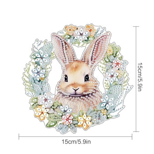 Image of AiYuanzsh Bunny Wreath Diamond Painting Hanging Kit, 5D DIY Acrylic Special Shaped Diamond Art Pendant Ornament Board for Wall, Door, or Garden Decor, Easter Diamond Art Kit for Adults