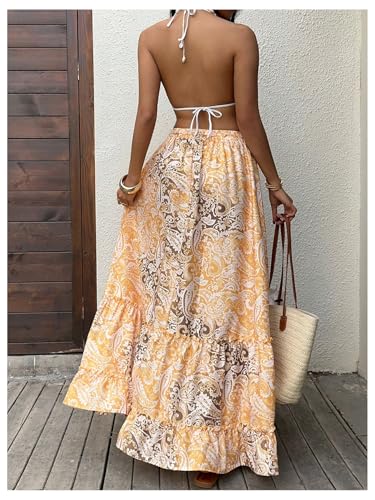 Milumia Women's Boho Paisley Tiered Layered Maxi Skirt Low Waist Flared Ruffle Hem Flowy Long Skirts3