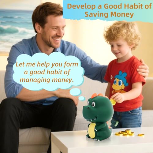 Dinosaur Piggy Bank, Unbreakable Plastic Money Coin Bank, Cute First Coin Saving Box for Birthday, Easter, Baby Shower, Home Decoration, Deep Green - Image 7
