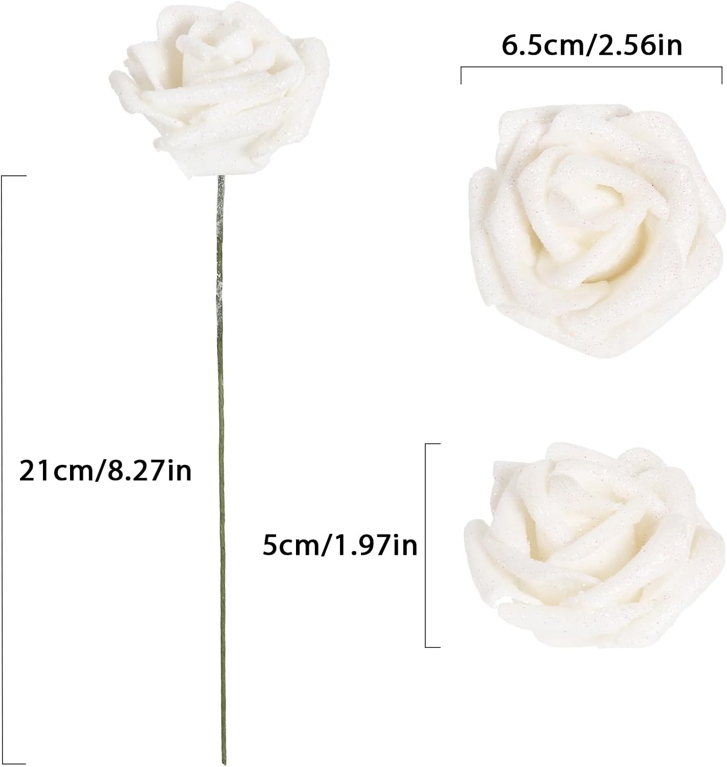 30pcs White Glitter Roses 2.56" Foam Glitter Flowers with Stems White Fake Roses Real Looking White Flowers for Bridal Shower Centerpieces Wedding Bouquet Table Decorations for Party (White) - Image 3