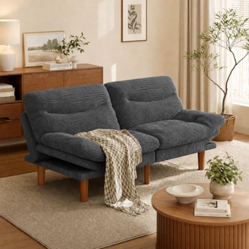 Image of Amada 66 inch Convertible Futon Sofa Bed, Corduroy Folding Futon Set with Adjustable Backrest &Armrests, Recliner Lounge for Living Room, Apartment or Office, Wood Frame, Loveseat Sofa - Grey