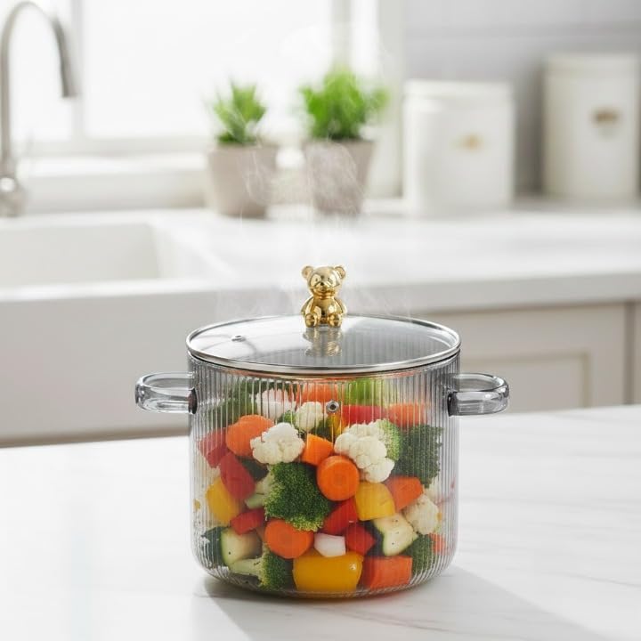 Fluted Glass Cooking Pot 2.6 LTR. Heat Resistant Flame Safe Cookware Stovetop for Pasta Noodle Clear Uncoated Induction Plate Direct Set stovetop... - Image 6