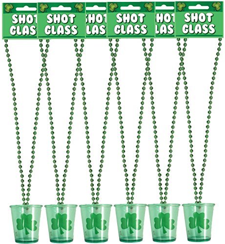 HENBRANDT 6 x St Patricks Day Shot Glasses Novelty Irish Shamrock Drinking Glass with Necklace
