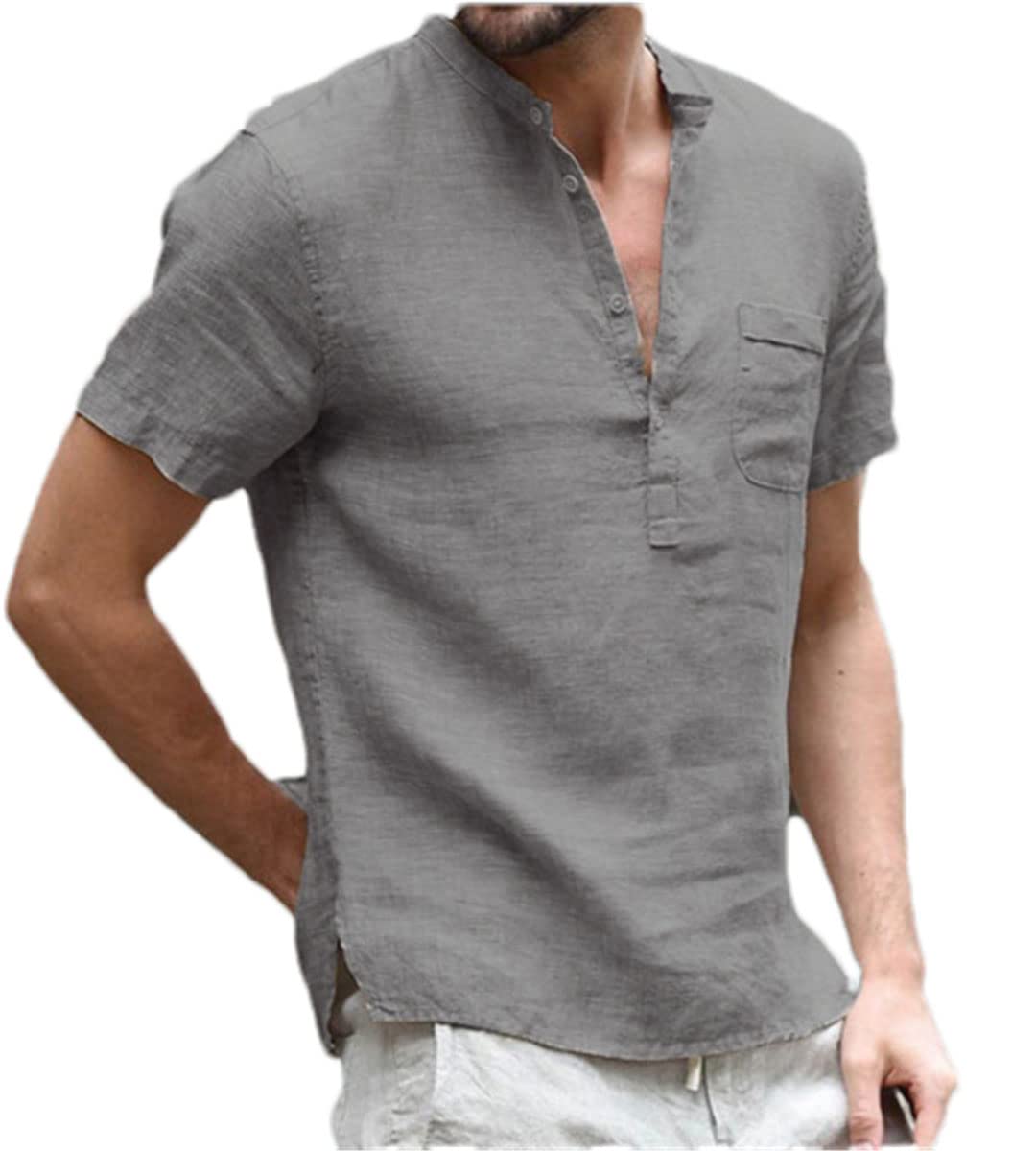 Camiseta de manga corta para hombre, de algodón y lino, informal, para hombre, Gris9, M