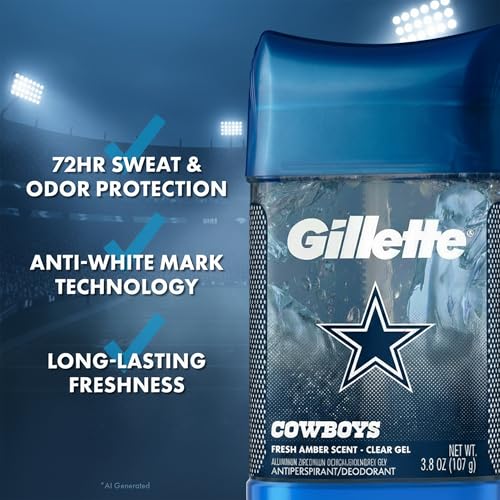 Image of Gillette Dallas Cowboys Antiperspirant and Deodorant, 72hr Instant Sweat & Odor Protection, Long Lasting Freshness & Protection, Anti-White Mark Technology, Clear Gel, Fresh Amber Scent, 3.8 oz