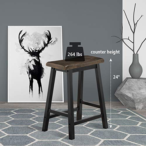 Waterjoy Counter Height Bar Stool, Set Of 2 Vintage Solid Wood Saddle-Seat, 24-Inch, Antique Walnut Finish, For Bistro, Kitchen, Living Room (Grey) #TOP2