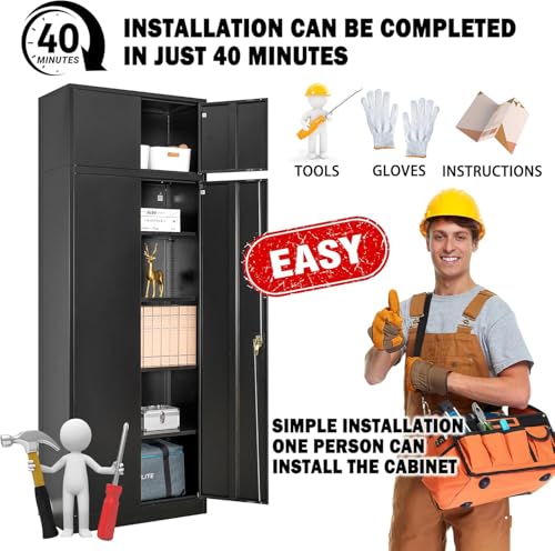 Image of Metal Storage Cabinet, 87 Inch Tall Locking Cabinet with Top Cabinet, Heavy Duty Garage Cabinet with Doors and 4 Adjustable Shelves, Pantry Cabinets for Office, Garage, Home-Black