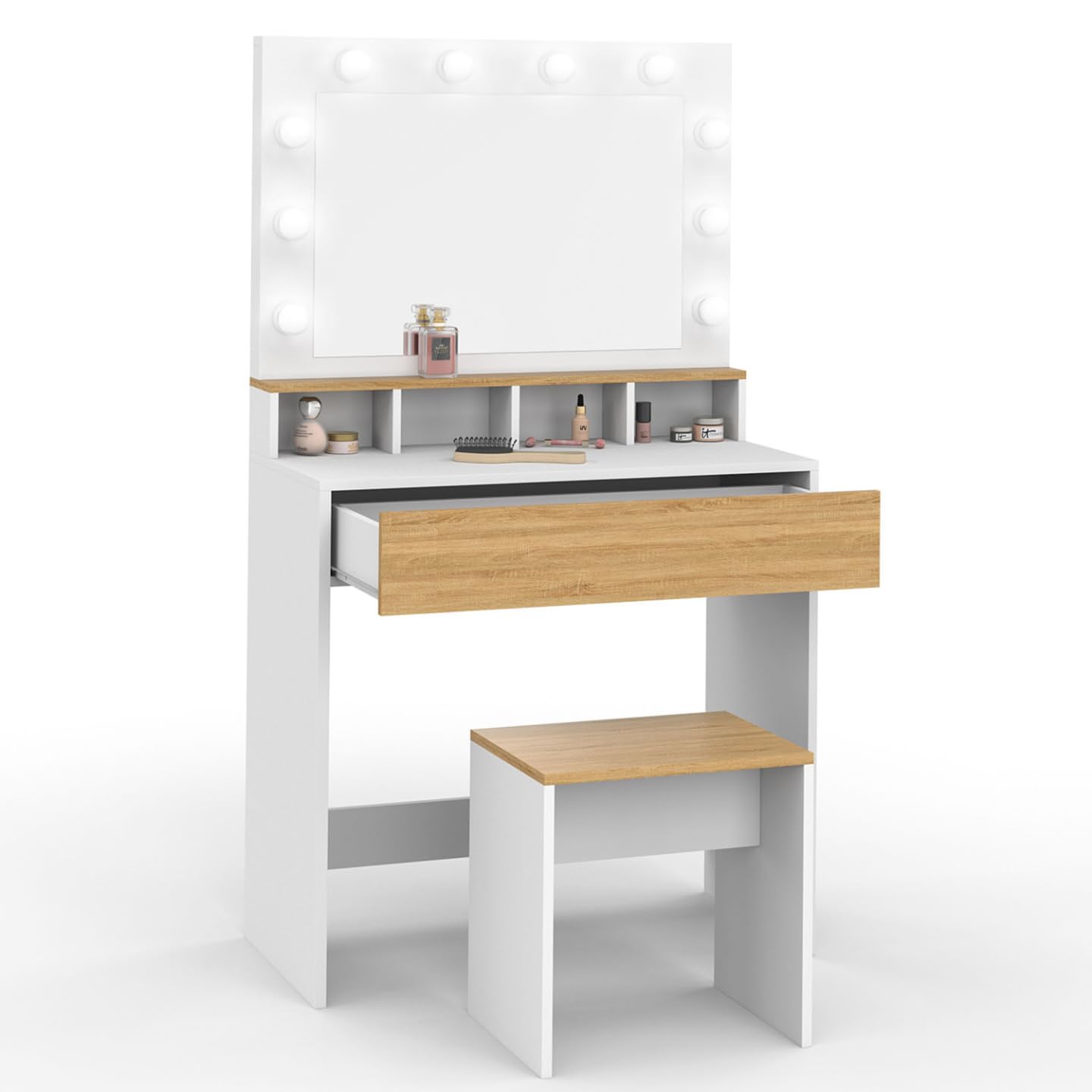 IDMarket - Coiffeuse Zelia Blanc et hêtre Miroir LED