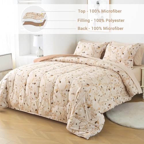 Image of Floral Queen Comforter Set with Sheets, 7 Piece Luxury Vintage Bedding, Soft Microfiber Bed in a Bag, Cozy Lightweight Bed Set, Beige Flower Botanical