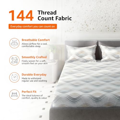 Image of Amazon Basics - 100% Cotton Fitted Bedsheet | 144TC |Fitted Queen Bed Sheet with 2 Pillow Cover|Soft Cotton | Geometric Print | 78 Inch x 60 Inch - 8 Inch Drop, Beige