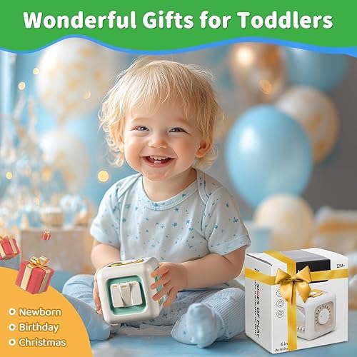 Image of Brand Conquer Montessori Busy Cube for Toddlers 1-3,Car Travel Toys Busy Board Activity Cube,Learning Stocking Stuffers Educational Birthday Gifts Baby 12-18 Months (Fan Learning 6 in 1 Light Geen)