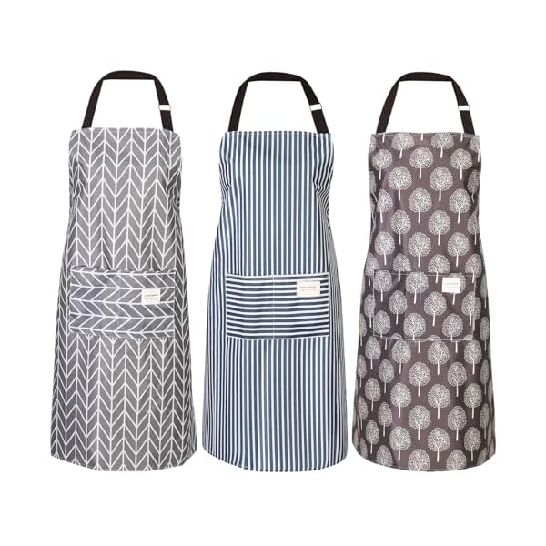 ADAKEL 3 Pieces Waterproof Apron, Cooking Apron with Pockets, Apron Women Adjustable Cooking Apron Women Kitchen Apron Grill Apron Bib Apron for Women