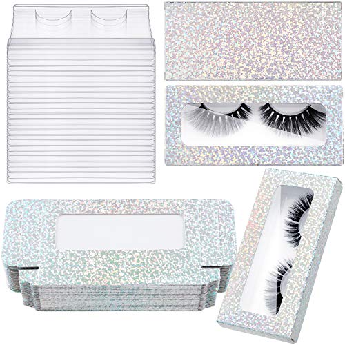 24 Pieces Glitter Empty False Eyelash Box Eyelash Packaging Box Plastic Lash Case Holder with 24 Clear Eyelash Tray and 24 Glitter Cardboard for Women Girls (Silver)