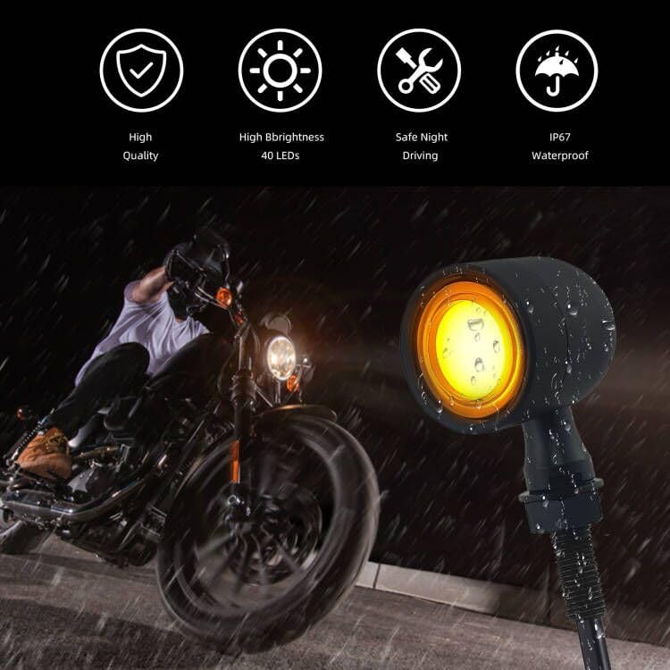 Image of Motorcycle Turn Signals LED Front Lights 2 PCS, Vintage 40 LEDs Switchback White Amber Light for Running Turn Blinkers Universal Fit Chopper Bobber-Black