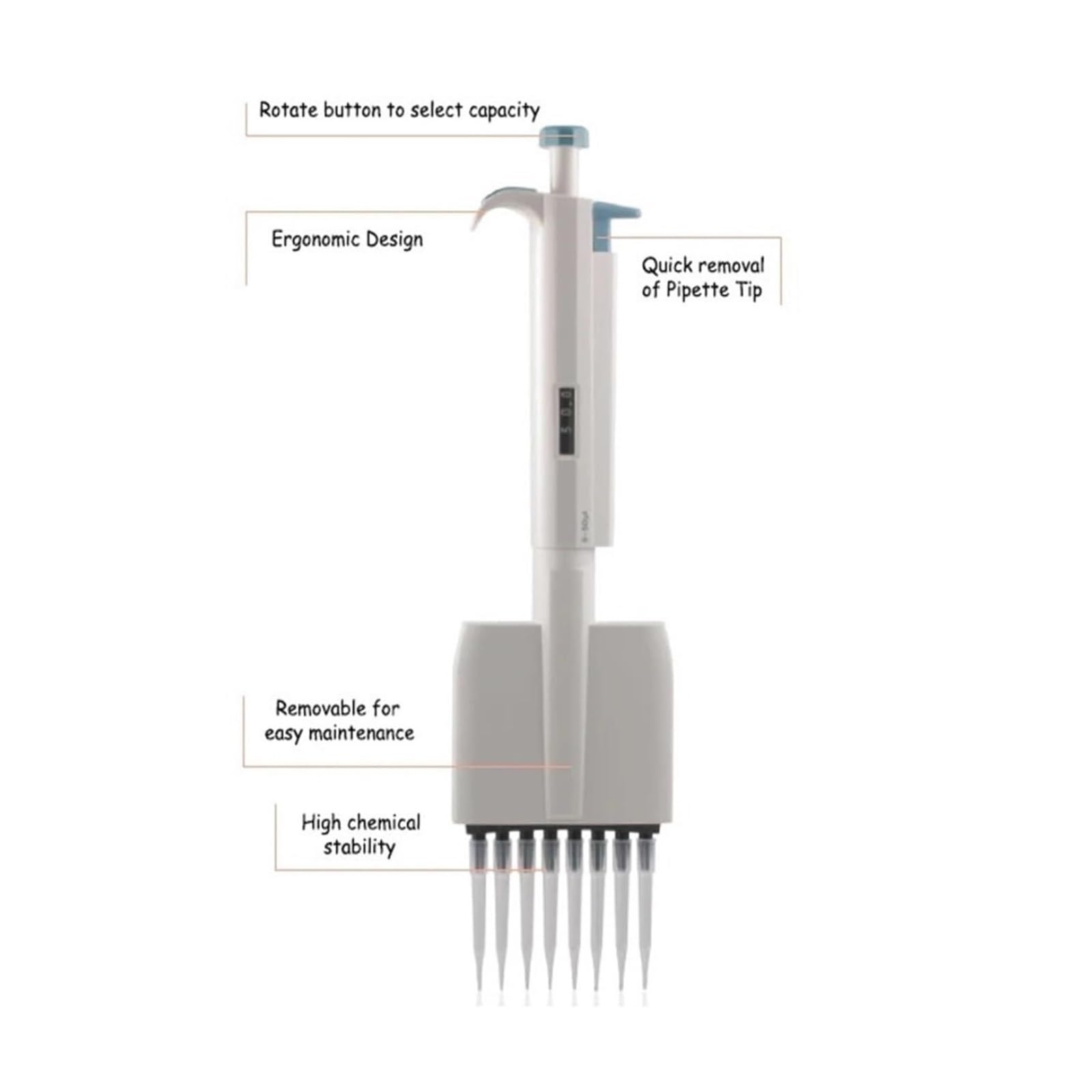 Pipeta Pipeta De Plástico Ajustable Con Micropipeta 8 Canales Completamente Estéril para laboratorio(50-300ul)