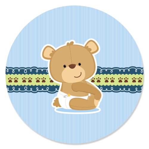 Big Dot of Happiness - Boy Baby Teddy Bear - Baby Shower Circle Sticker Labels - 24 Count