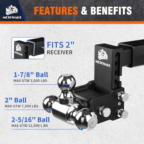 METOWARE Trailer Hitches Fits 2-Inch Receiver - Adjustable Trailer Hitch with 4-Inch Drop/Rise (14,000 LBS GTW) - Tri-Ball (1-7/8\'\', 2\'\', 2-5/16\'\') and Anti-Theft Stainless Steel Trailer Lock - Thumbnail 4