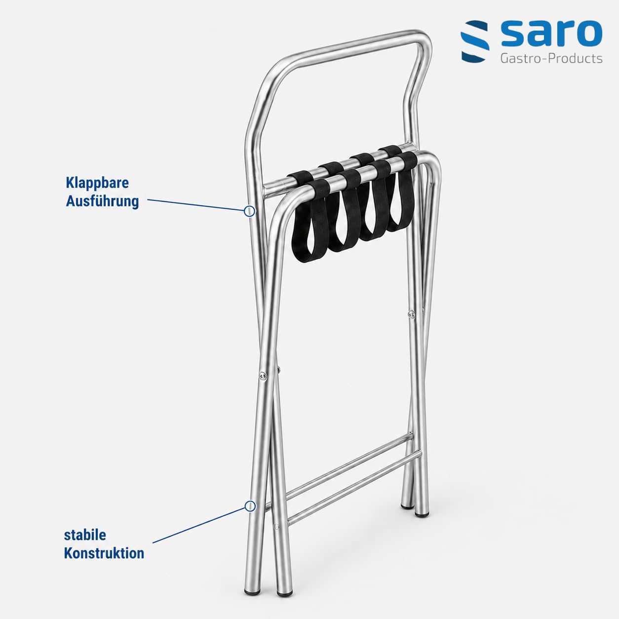 Saro Kofferablage – Edelstahl – Klappbar – B 550×T 500×H 630 mm – 4 Textilbänder – Stabile Ausführung – Modell AF 247